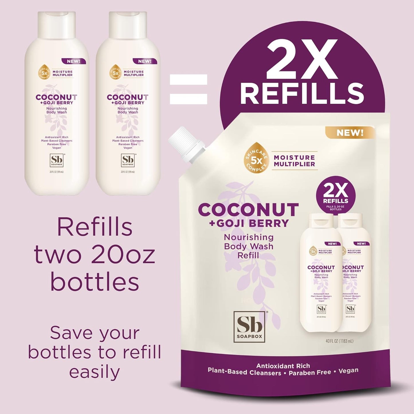 Soapbox Body Wash Refill, Coconut + Goji Berry Body Wash Refill Pack, Bulk Soap Pouch, Vegan + Antioxidant Rich Moisturizing with Shea Butter, Peptides & Keratin Promoting B3, 40oz