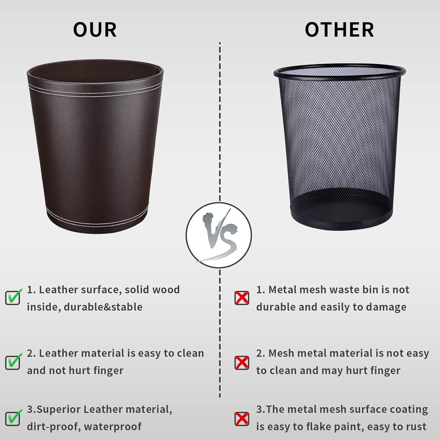 Pu Leather Trash Can for Bedroom, 2.6 Gallon Wastebasket for Office, Small Bathroom Garbage Cans for Home Decorative, Round Waste Basket Bin for Dorm Kitchen Brown