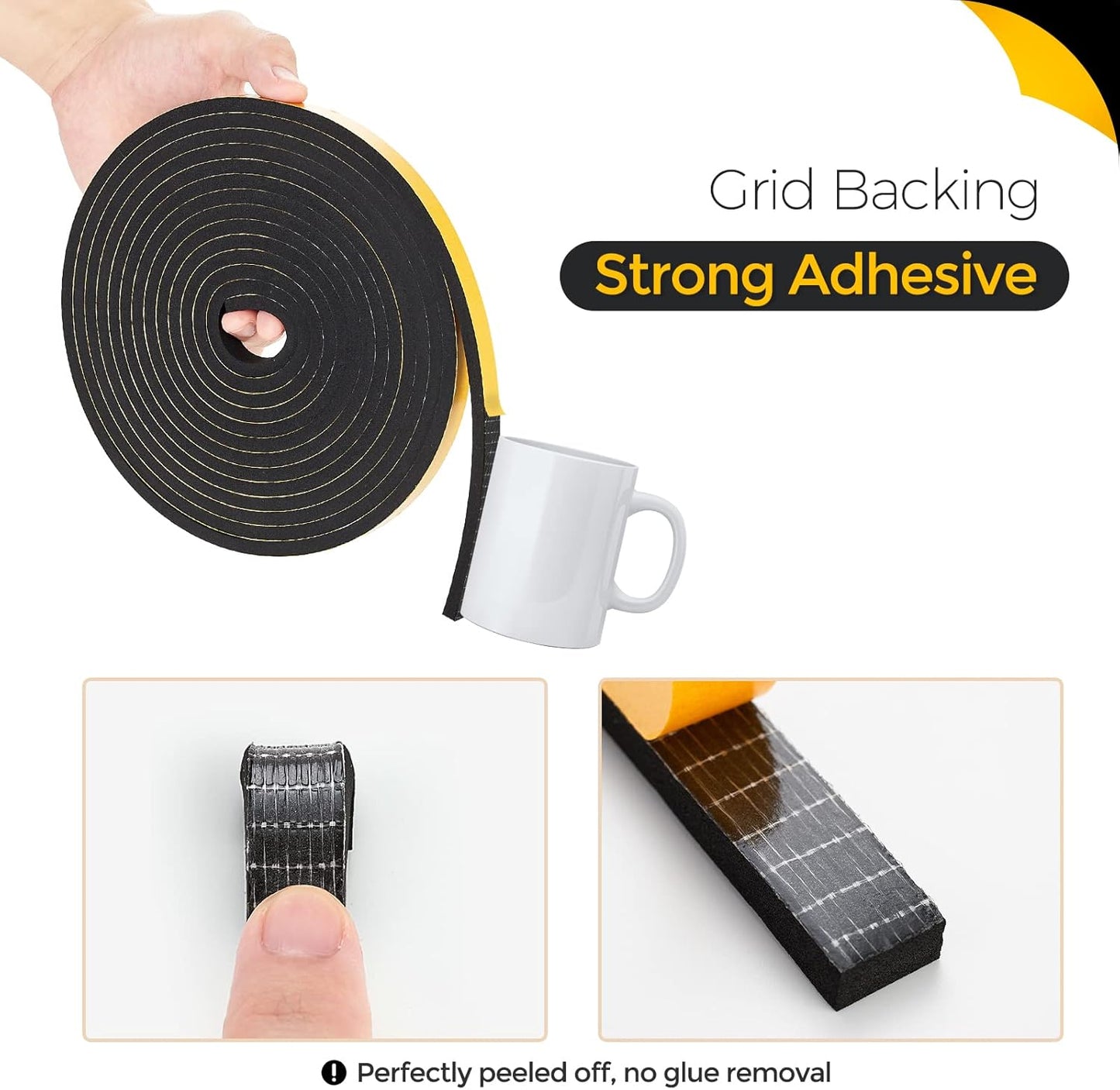 13 Feet Weather Stripping Door Seal - 1/2" Wide x 1/2" Thick Door Bottom Seal Strip High Density Foam Tape Adhesive Rubber Strip for Door Soundproofing, Window Insulation (Black)