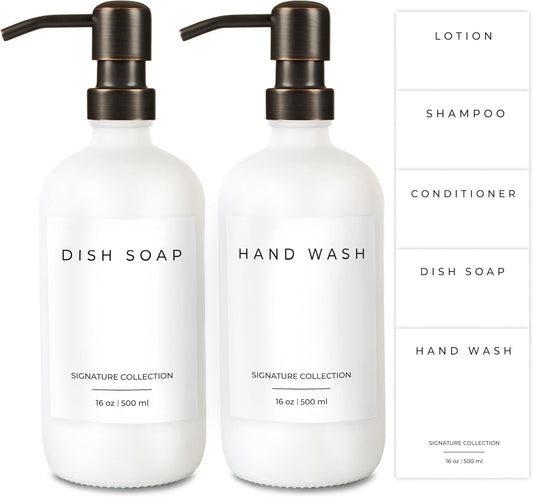 Emerson Soap Dispenser, Dish Soap Dispenser for Kitchen, Soap Dispenser Bathroom Set - Hand Soap Dispenser, Kitchen Soap Dispenser Set, Glass Soap Dispenser with Pump and Labels - 16 Oz | 2 Pack
