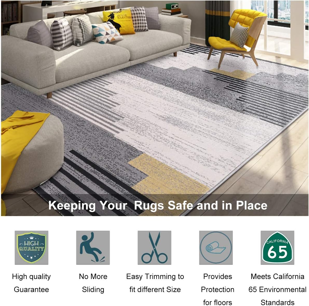 Non Slip Rug Pad Grippers - 5x8, 1/8" Thick, (Felt + Rubber) Double Layers Area Carpet Mat Tap, Provides Protection and Cushioning for Hardwood or Tile Floors