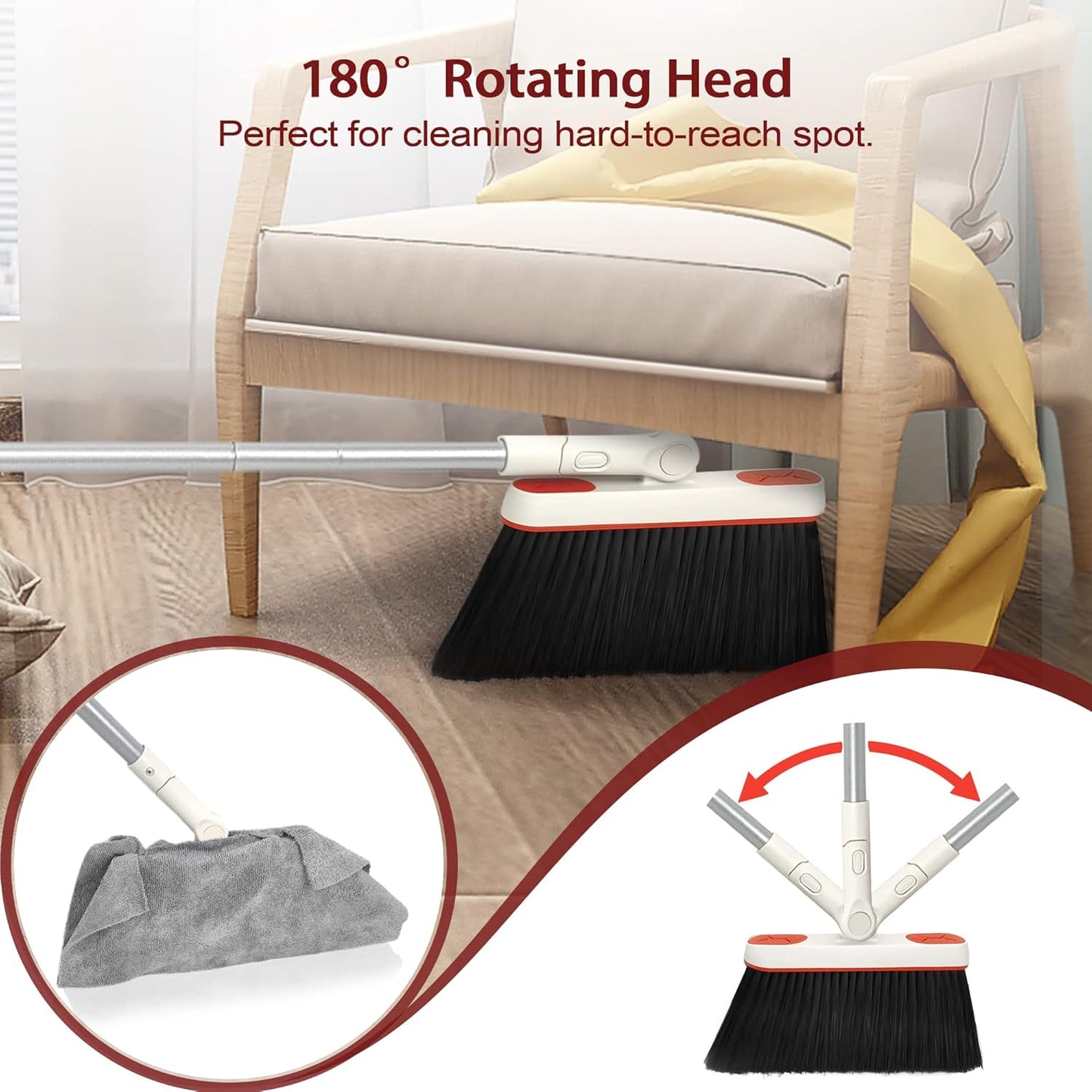 JEHONN Broom and Dustpan Set for Home, Long Handle Lightweight 180 Degree Rotating Broom Set Indoor, Upright Standing Dust Pan with Comb Teeth, Store Sweep Set for Room Kitchen Office (Grey & Red)
