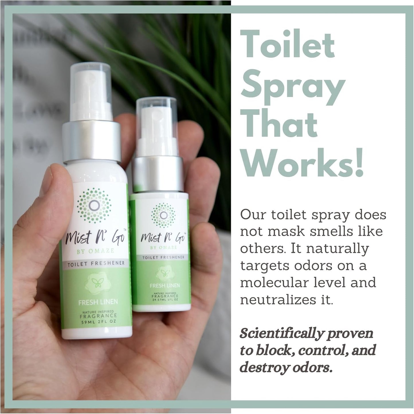 Mist N' Go by Omaze Travel Bathroom Spray - Toilet Odor Eliminator & Air Freshener - Fresh Linen (1oz x3)