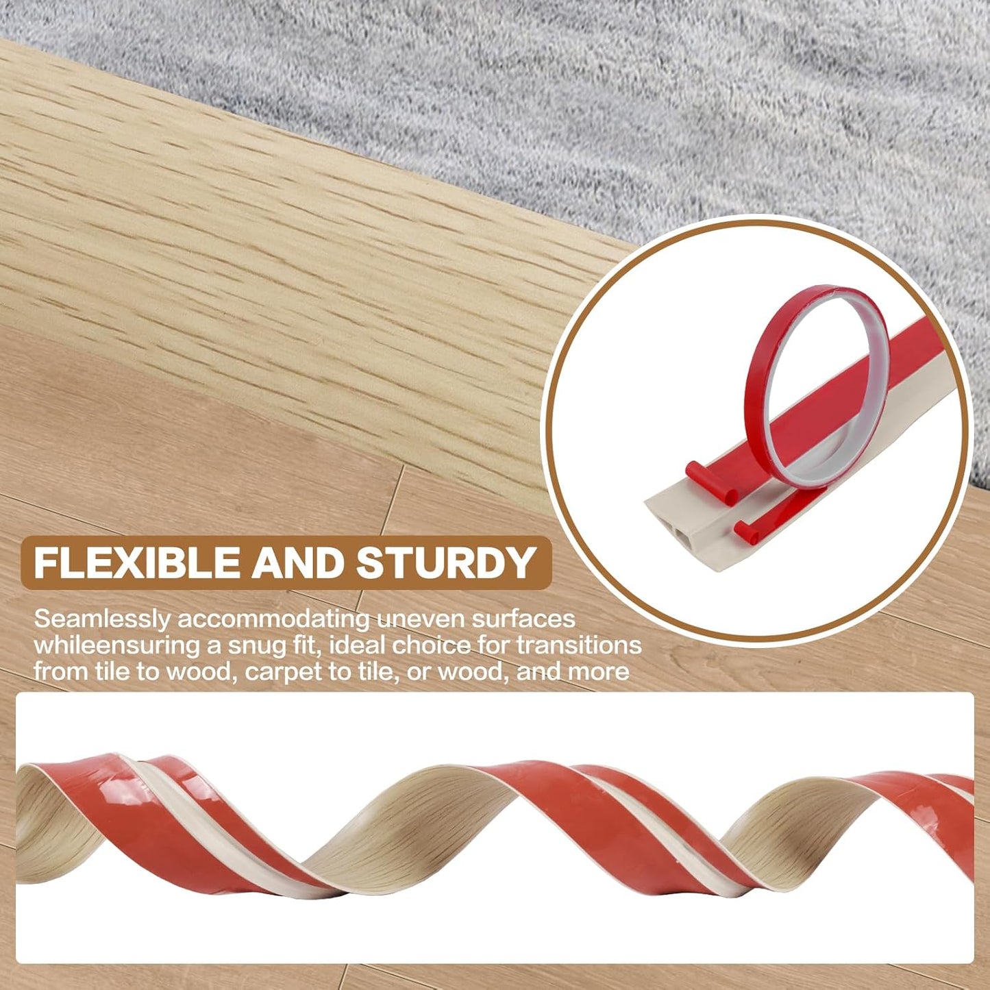Floor Transition Strip Vinyl Door Threshold Ramp Self Adhesive Carpet Edging Strip Doorway Edge Trim, Overlap Edge Reducer for Laminate Carpet, Floor, Tile (Yellow Wood, 1/5" to 2/5", 6.6Ft)