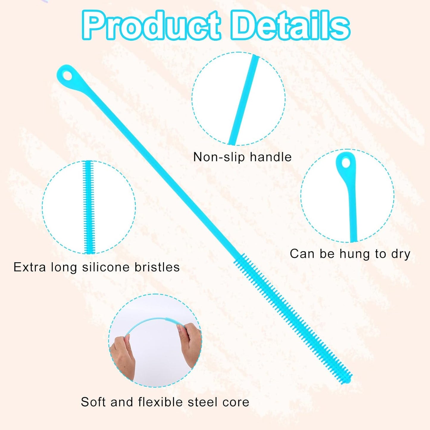 2pcs Silicone Straw Cleaning Brush, Straw Brushes Bristles Cleaner Brush Extra Long Straws Cleaner Brushes for Cleaning Stanley Drink Lid (Blue)