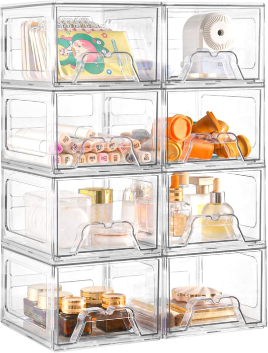 Plastic Drawers Storage, 8 Pack Clear Stackable Storage Drawers, Acrylic Storage Bins with Drawers for Fridge Organizers, Small PlasticDrawers Stackable for Makeup Organizers Cosmetic Display