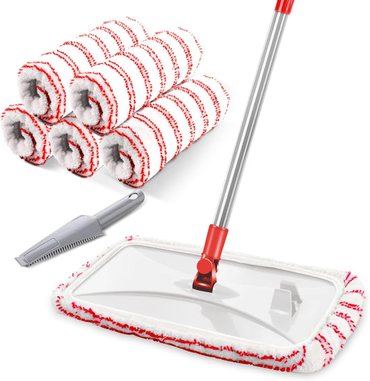 MASTERTOP Microfiber Mop, Extra Large Dust Mop with 5 Pads for Wet & Dry Use, 16'' Mops for Hardwood Laminate, Tile, Vinyl Floors,5 Microfiber Refills, 1 Cleaning Scraper