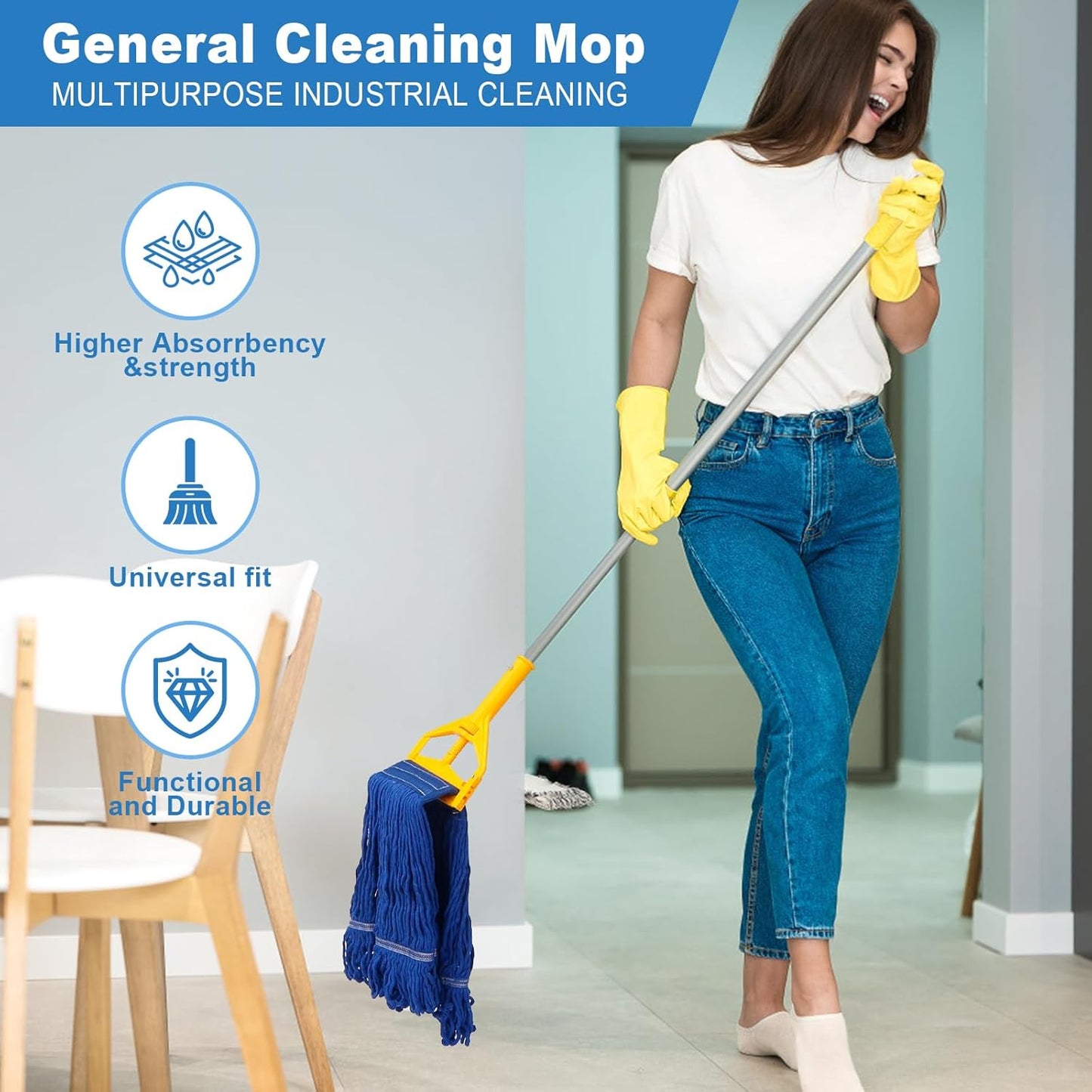3 Pack Reusable Cleaning Heavy Duty Mop Heads Commerical Replacement Mop Heads Suitable for Heavy Commercial Industrial Residential Areas -Blue Cotton Looped Replace Mop Head (Deep Blue)