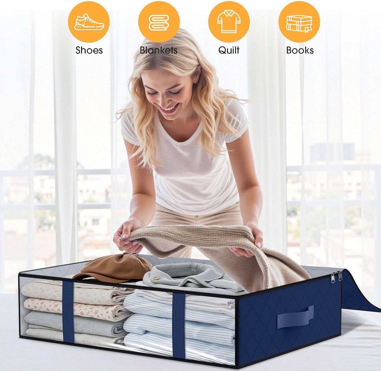 StorageRight Under Bed Storage Bins, 3-Pack 40L Foldable Fabric Storage Bags with Transparent Window, Breathable Organizer for Clothes/Blanket/Comforter/Quilt, Blue