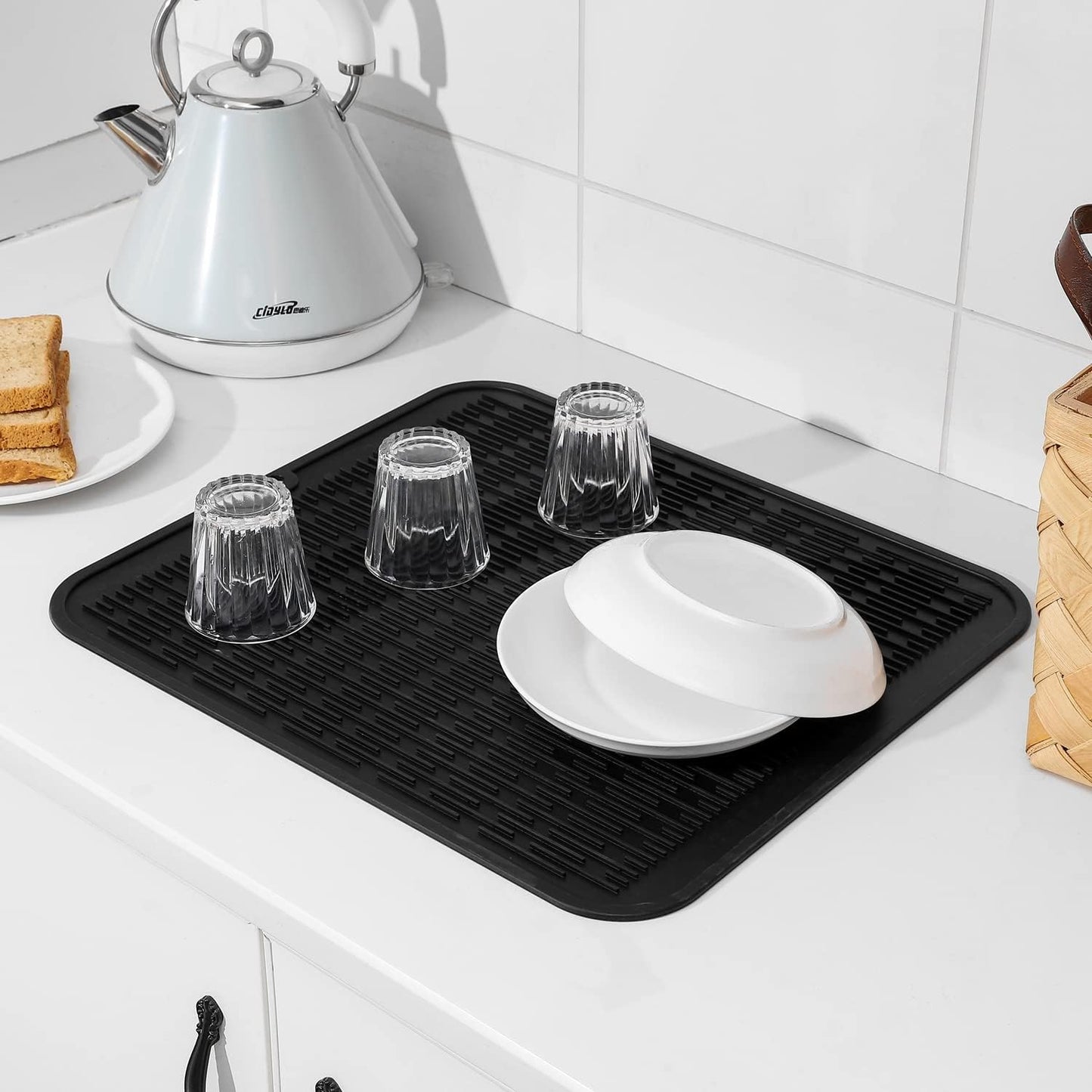 Silicone Dish Drying Mat for Multiple Usage,Easy clean,Eco-friendly,Heat-resistant Silicone Mat for Kitchen Counter or Sink,Refrigerator or Drawer Liner Black 2XL 24 inches x 18 inches