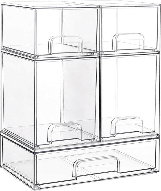 Vtopmart Stackable Storage Drawers Set of 5, Clear Plastic Organizer Bins for Beauty Supplies,Ideal for Vanity, Bathroom,Cabinet,Pantry Organization