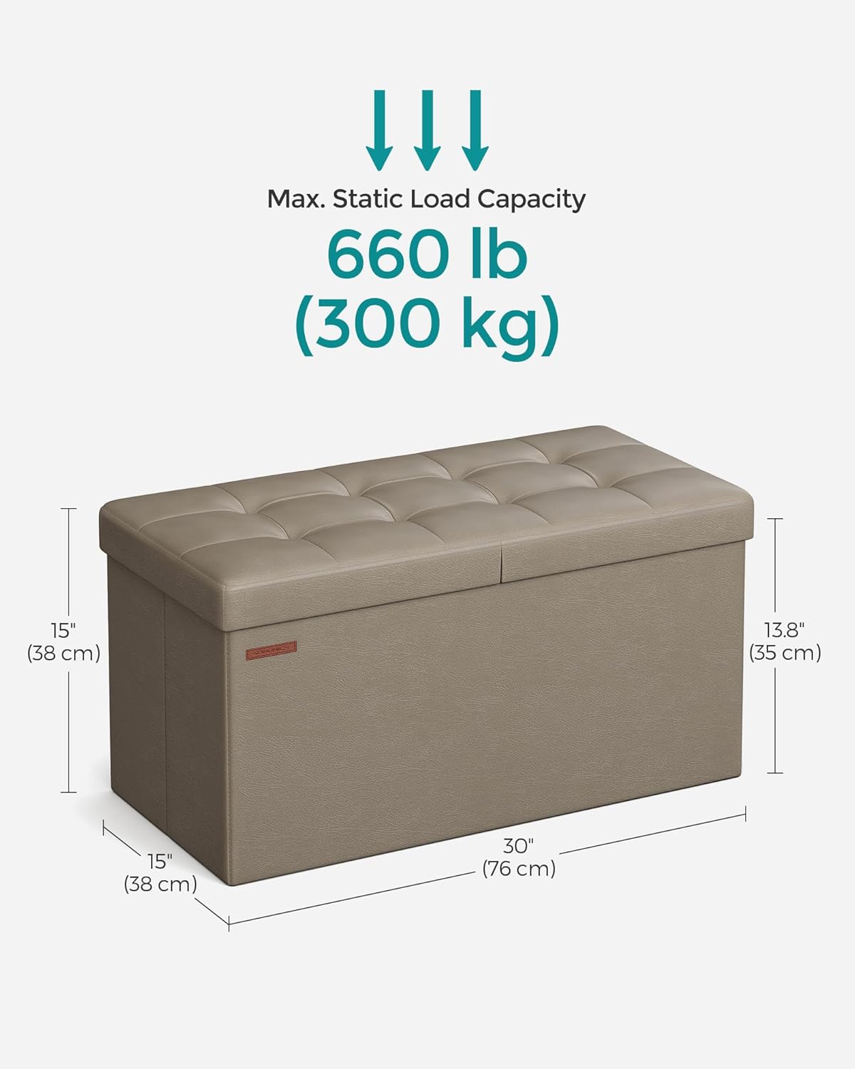 SONGMICS MAZIE Collection - 30 Inches Storage Ottoman Bench with Flipping Lid, Storage Chest Footstool, Load 660 lb, for Entryway, Living Room, Bedroom, Synthetic Leather, Camel Brown ULSF045K03