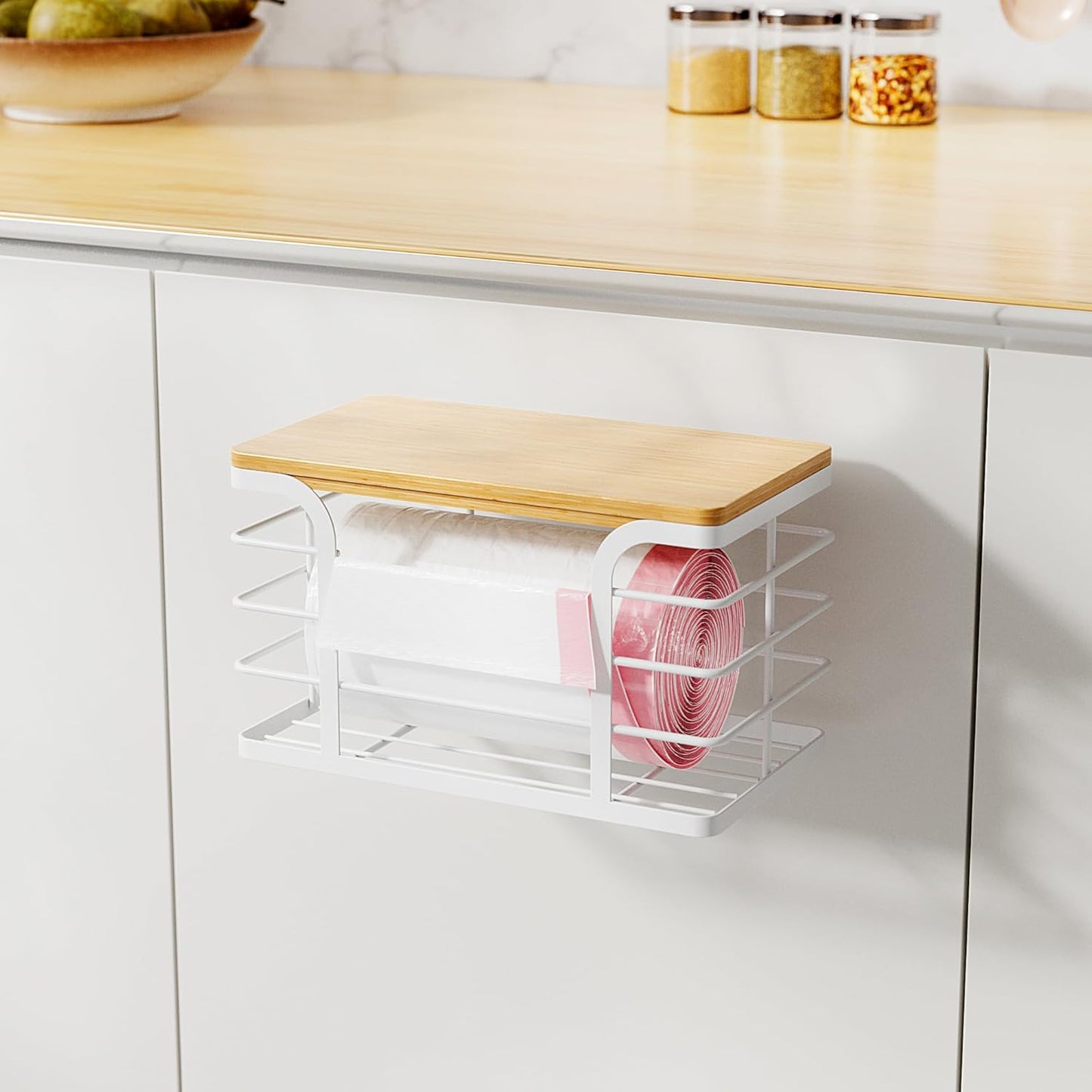 Trash Bag Holder Dispenser with Bamboo Top,Wall Mount Garbage Bag Dispenser,Stackable Storage for Kitchen Laundry Room Organization,White Small