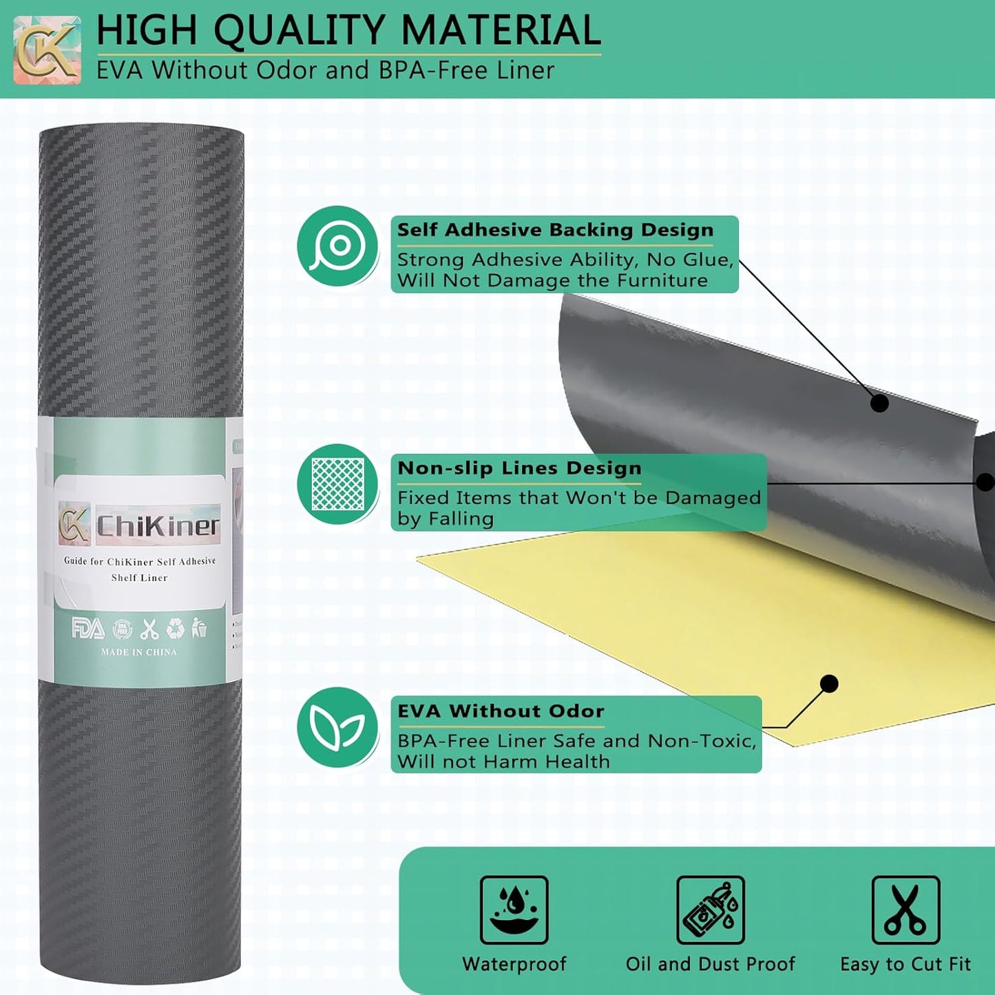 Self-Adhesive Shelf Liner Kitchen Liner, Waterproof Backed Paper Easy Peel and Stick Contact Liner Without Residue for Decor Your Desk Surface, Kitchen Countertops (Silver, 17.5 x 236.2 inches)