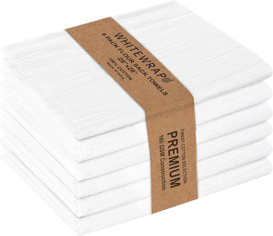 Flour Sack Towels| Tea Towel for Crafts| Kitchen Dish Cotton Blank Towel for Embroidery|Baking Bread Proofing Linen Cover| Thick Absorbent Quick Dry| 6 Pack 28"x28" White