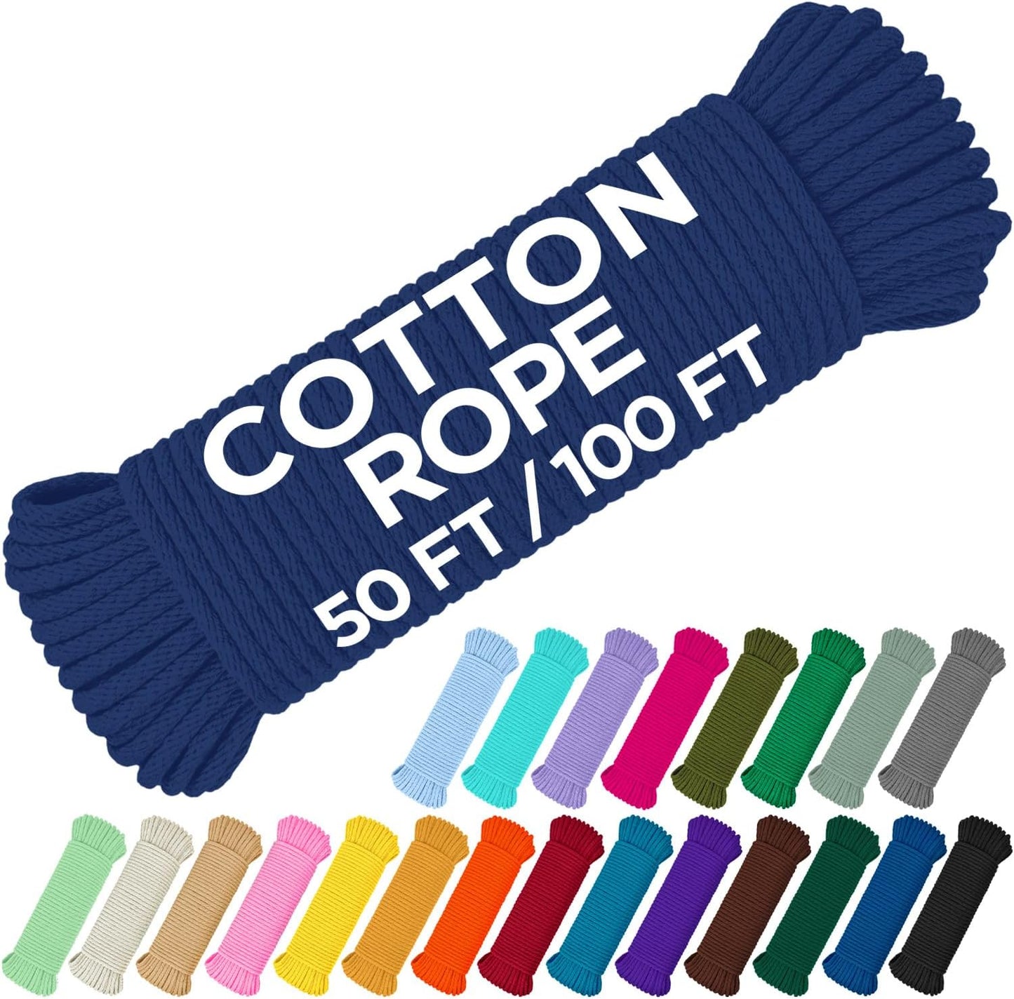 TECEUM Cotton Rope 3/16” (5 mm) – 100 FT – Strong All-Purpose Braided Rope – Natural Cotton – for Crafting, Сamping, Clothes Line, DIY, Indoor & Outdoor Use – Navy Blue