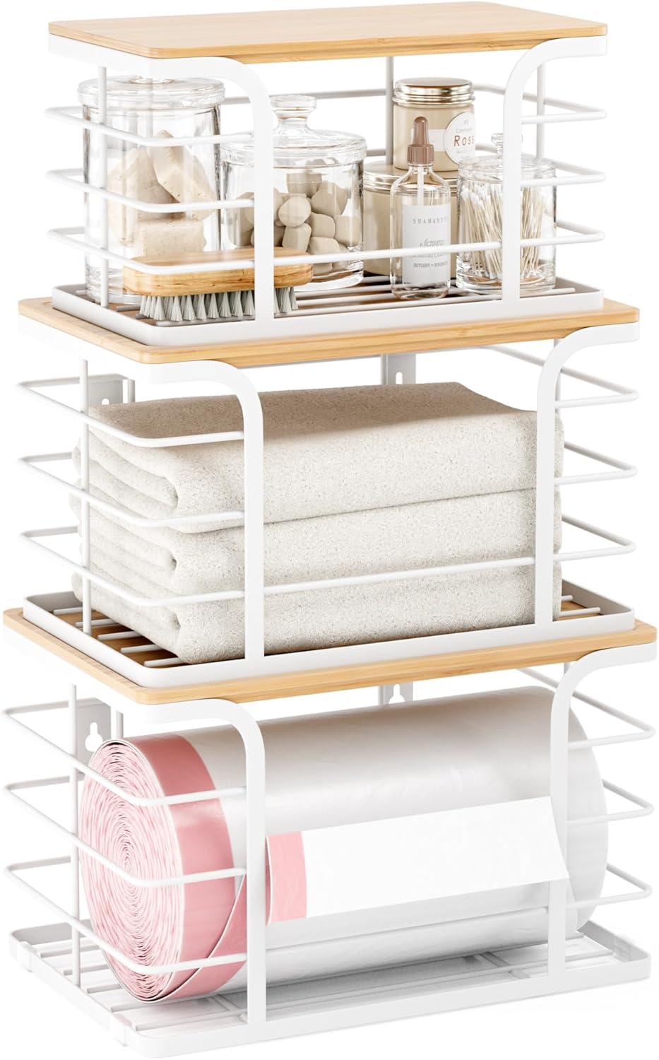 3 Pack Stackable Pantry Organizer,Stainless Steel Trash Bag Holder Dispenser,Kitchen Storage Organization for Kitchen Counter Sink,Laundry Room,Pantry, White