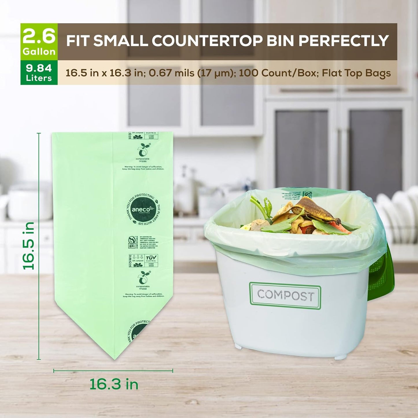 ANECO 100% Compostable Waste Bags 2.6 Gallon (Flat Top Bags, 50 Count) Extra Strong Kitchen Small Compost Bags for Countertop Bin (BPI & OK Compost HOME Certified)