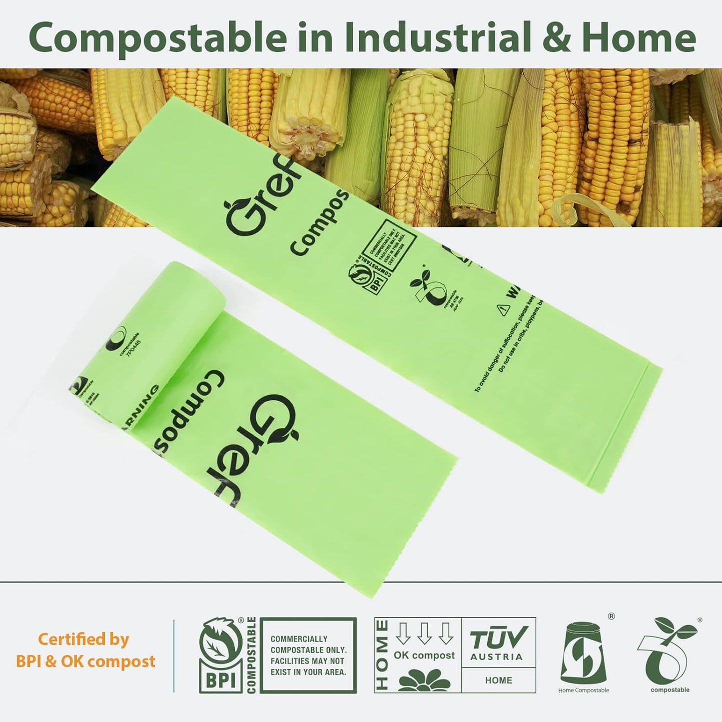 Compostable Bags,Trash bags 13+ gallon tall kitchen, Compostable Trash Lawn & Leaf Yard Waste Bags,Kitchen Compost Trash Bin Compatible,Extra Thick1.01 Mills,Certified by BPI and OK Compost(50count)