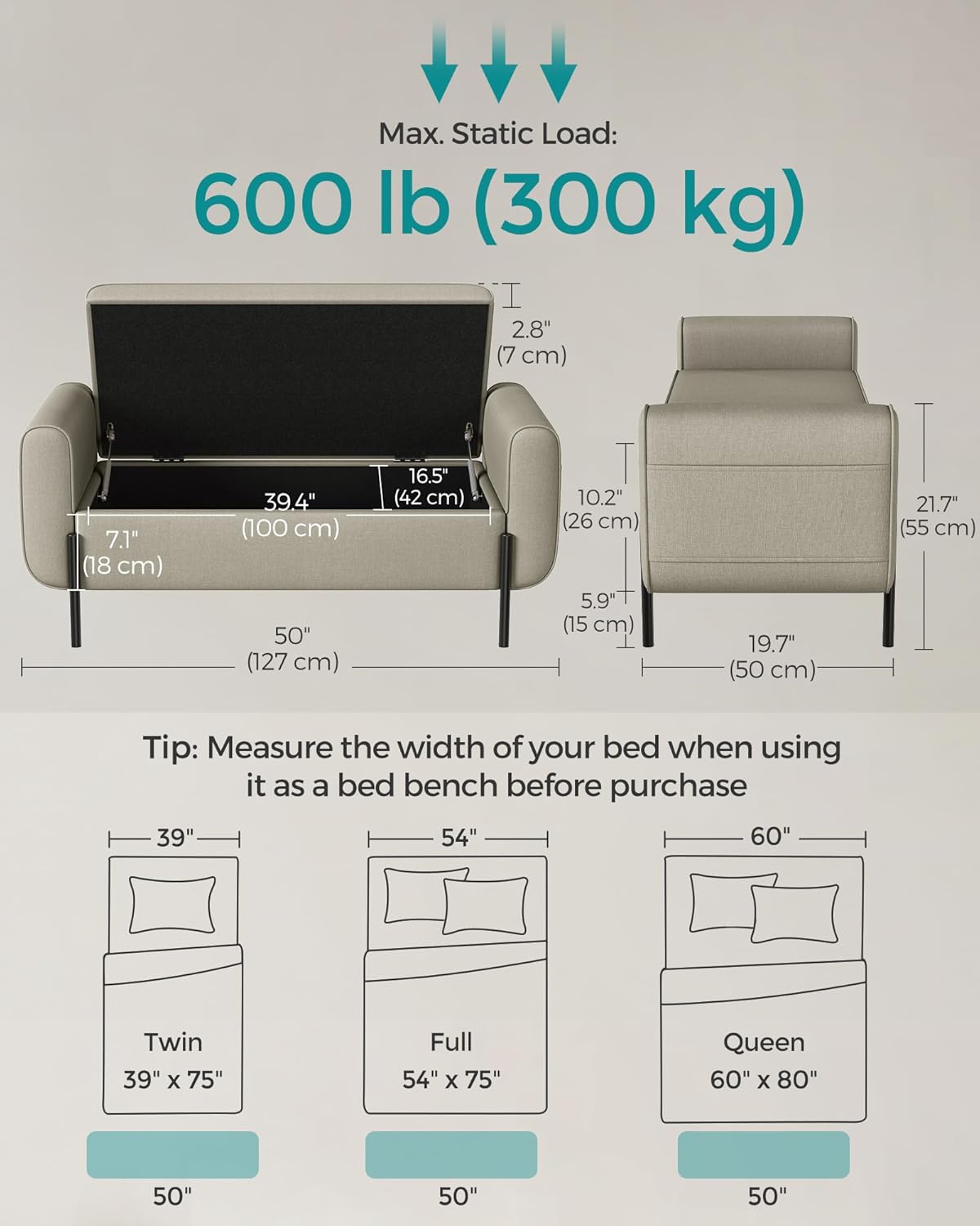 SONGMICS Storage Bench with Armrests, Ottoman with Storage for Living Room, Storage Ottoman Bench for Bedroom, Entryway, Living Room, Steel Legs, Camel Brown ULOM072K03