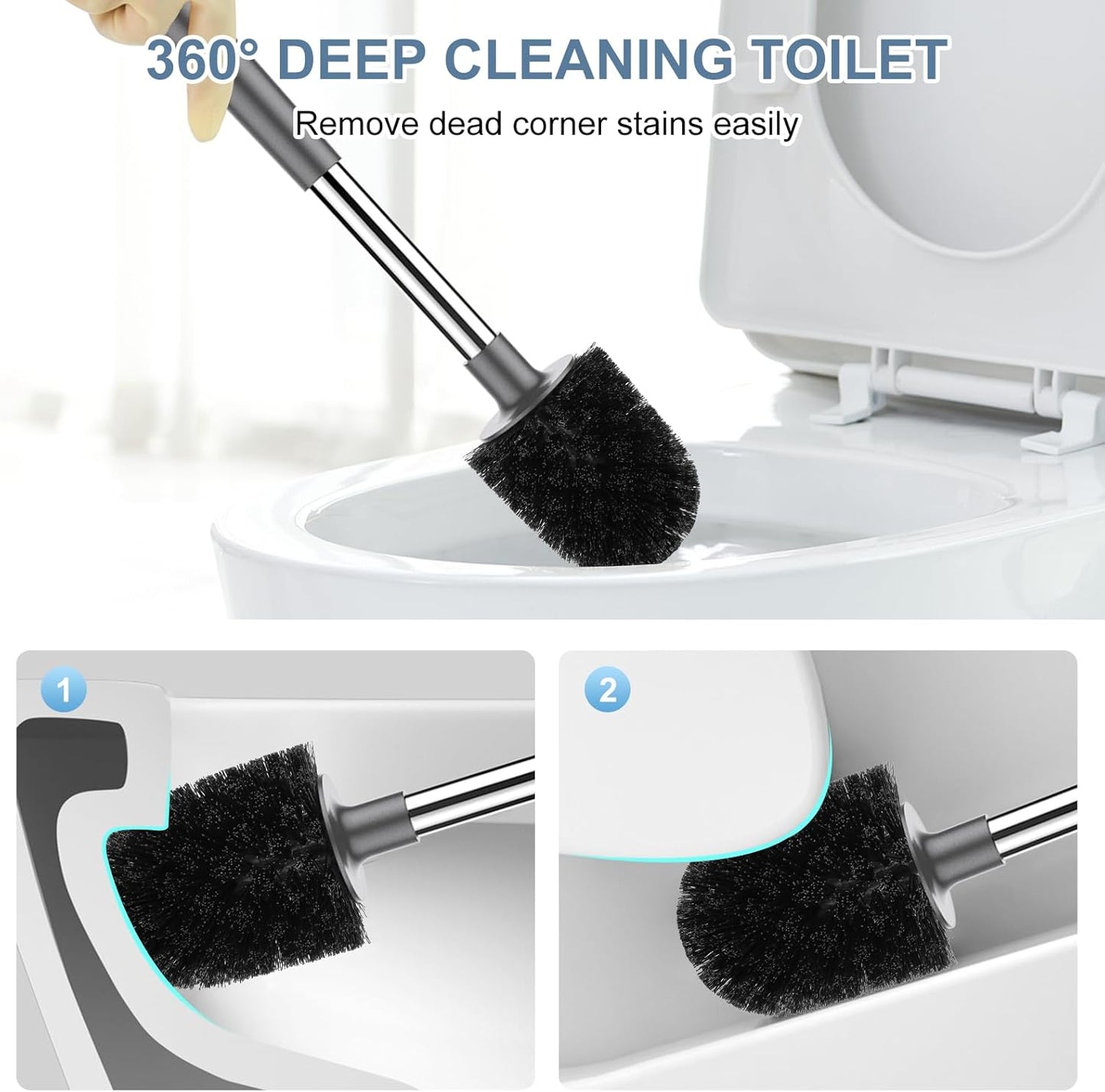 SetSail Toilet Brush and Holder 3 Pack, Self Closing Lid Toilet Bowl Brushes Holder Extra Long Handle Ventilated Toilet Brush Set for Bathroom Cleaning, Nylon Bristles, Grey