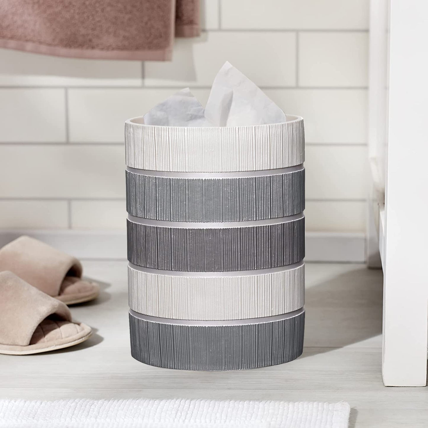 Zahari Home Decorative Trash Can for Bathroom, Office & Bedroom - 2.1 Gallons Stylish & Small Trash Can for Dorms, Desktop & Restroom - Chic Waste Basket for Compact Spaces, Modern Line, Grey