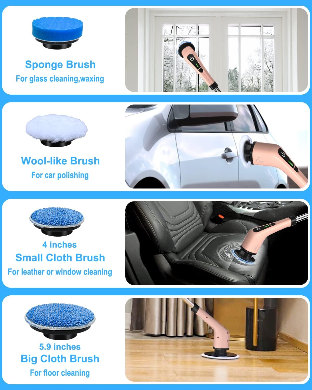 Leebein Electric Spin Scrubber, Cordless Powerful Scrub Brush for Cleaning Bathroom, Kitchen, Shower Tub and Floor Tile with Adjustable Extension Long Handle and 8 Replaceable Brush Heads(Rose)