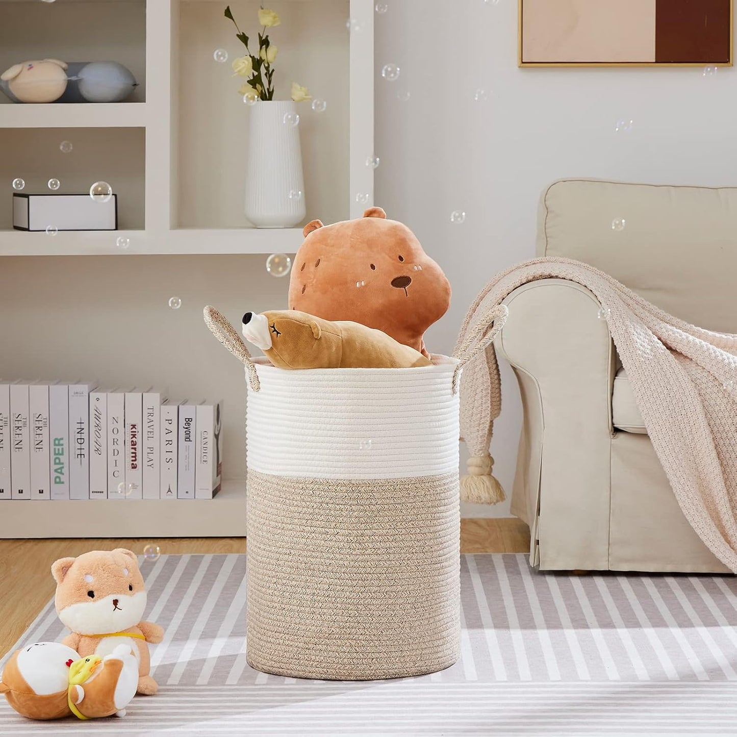 VIPOSCO Large Laundry Hamper, Tall Woven Rope Storage Basket for Blanket, Toys, Dirty Clothes in Living Room, Bathroom, Bedroom - 72L White & Brown