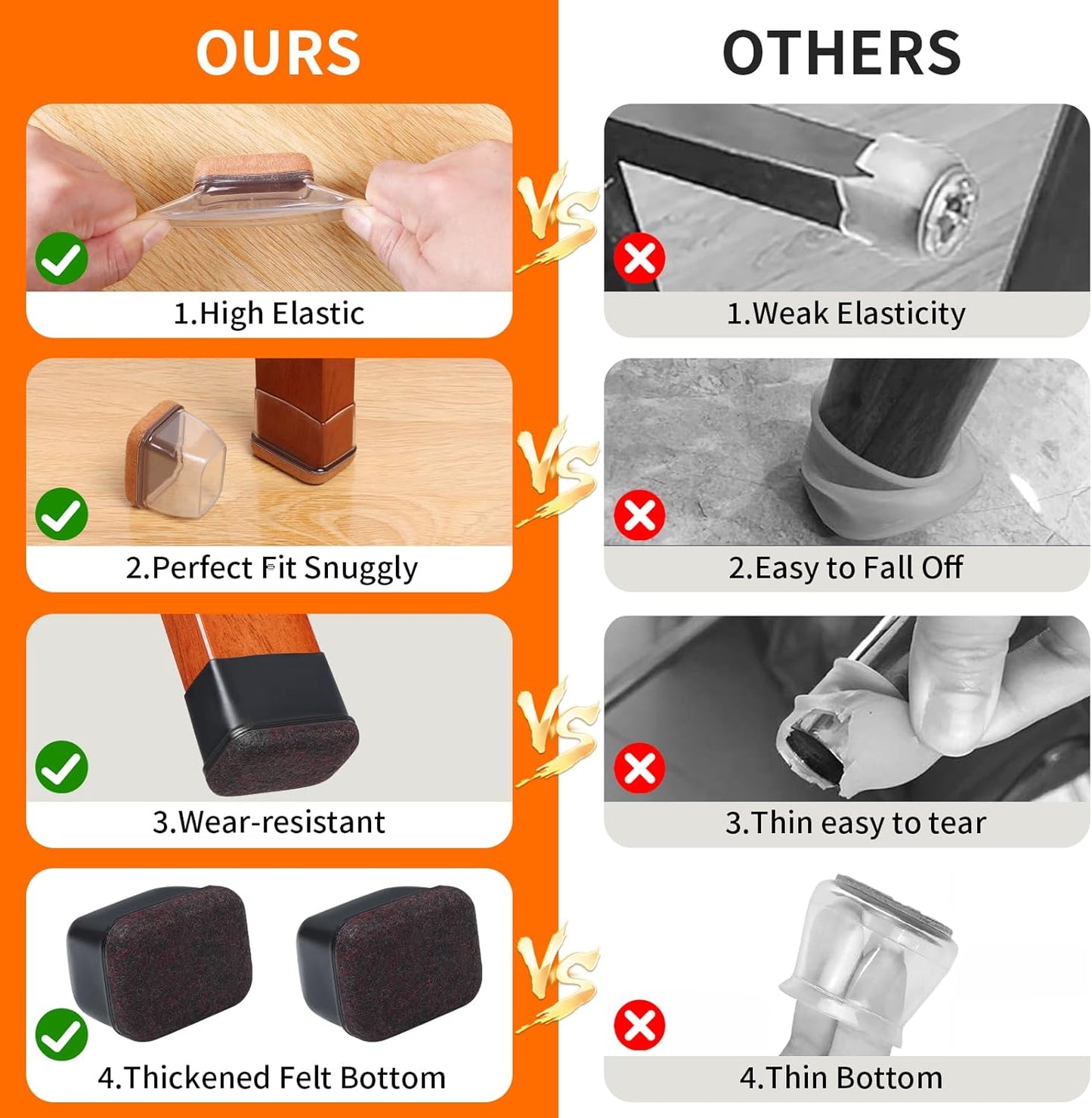 Ezprotekt 8 Pcs Rectangle Clear Silicone Chair Leg Floor Protectors, Rectangle Felt Felt Furniture Pads Caps Covers for Chair Table Desk, Anti- Scratches and No Noise (Fit L :1.3-1.7", W: 0.6-0.9")