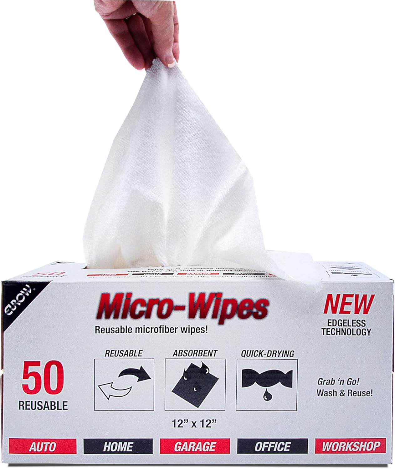 Eurow 200GSM Microfiber Cleaning and Drying Cloths with Dispenser Box, Reusable, Streak-Free, Scratch-Free, Ultra Absorbent, Edgeless for All Surface Types, 12x12in, 50-Pack, White