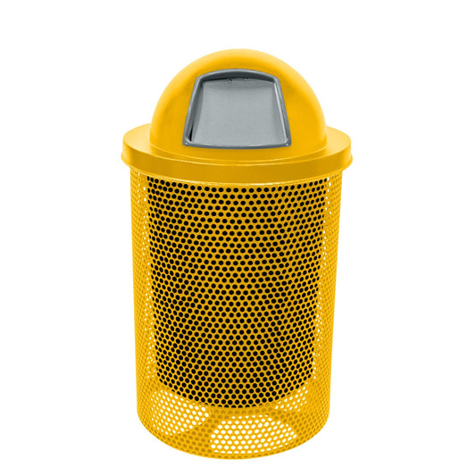 COATEDOUTDOORFURNITURE Coated Outdoor Furniture 32-Gallon Heavy-Duty Punched Steel Round Trash Receptacle, Commercial Outdoor Waste Bin with Liner & Dome Lid – Made in America (Textured Yellow)