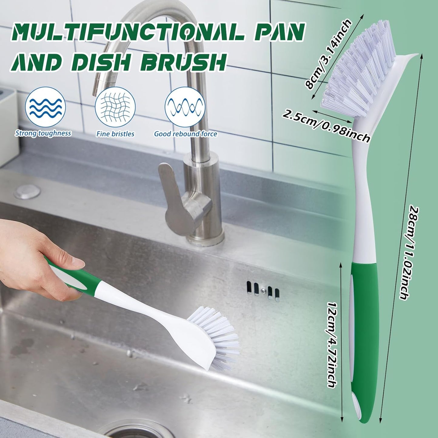 Hsei 30 Pcs Kitchen Scrub Dish Brush Bulk with 11 Inch Handle Cleaning Dish Scrubber with Stiff Bristles Washing Scrub Brushes for Housekeeping for Pots and Pans, Kitchen Sink (Green)