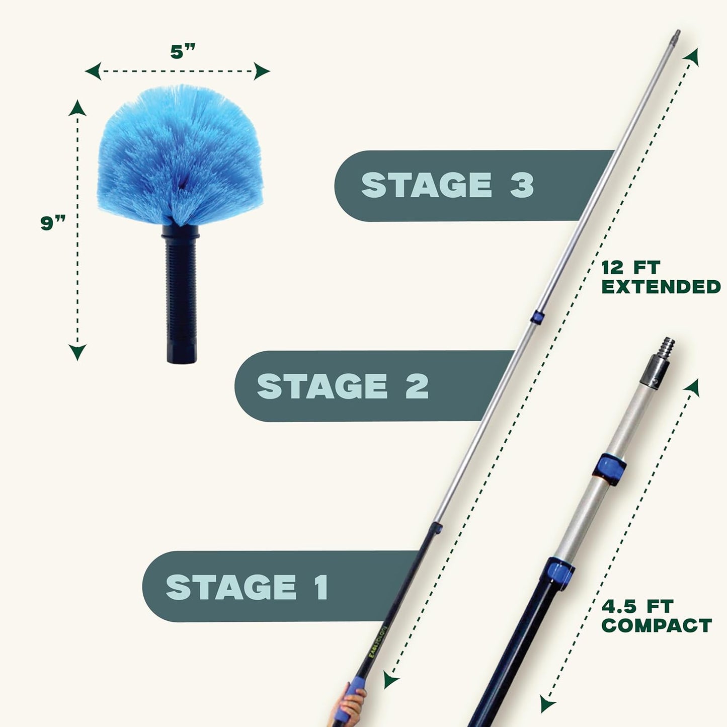 EVERSPROUT 5-to-12 Foot Cobweb Duster and Extension-Pole Combo (20 Foot Reach, Soft Bristles) | Hand Packaged | Lightweight, 3-Stage Aluminum Pole | Indoor & Outdoor Use Brush Attachment