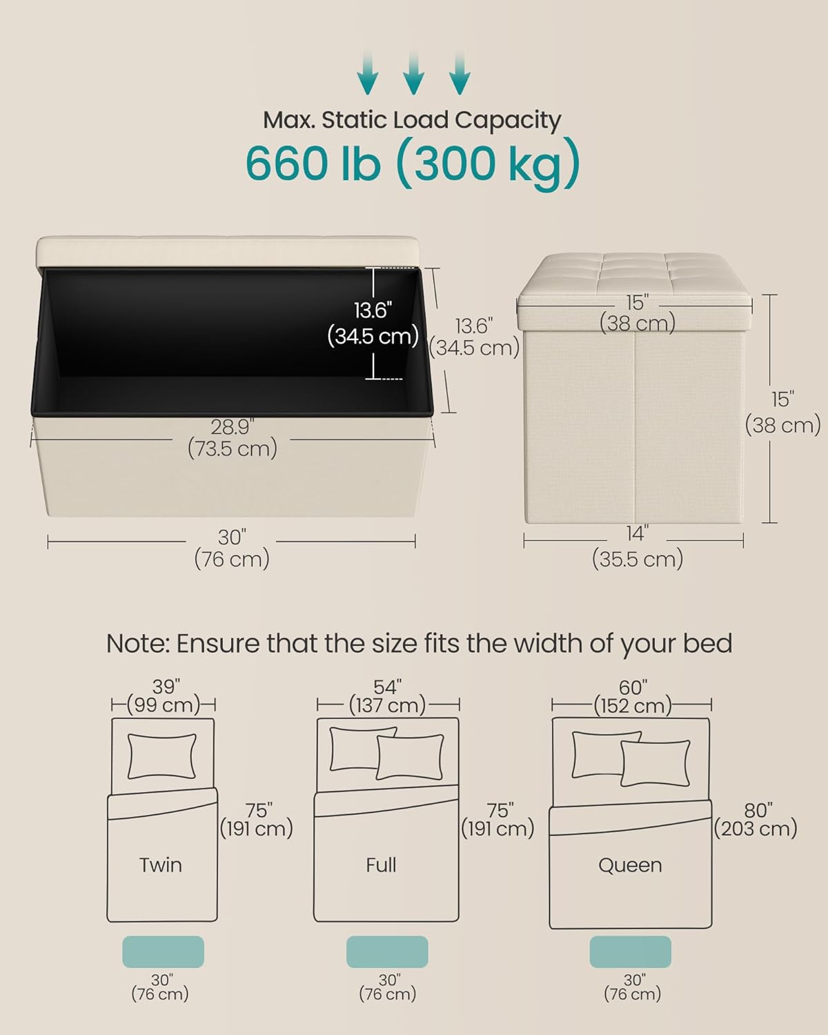 SONGMICS MAZIE Collection - 30 Inches Folding Storage Ottoman Bench, Ottoman Foot Rest, End of Bed Bench, Storage Chest, Load 660 lb, for Living Room, Bedroom, Entryway, Cream White ULSF47BE