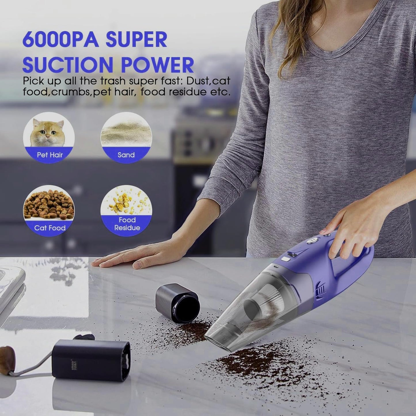 Handheld Vacuum Cordless Rechargeable – 6000Pa Mini Hand Held Vacuum, LED Light, 20–25 Mins Runtime, USB Charging, 500ML Cup – Lightweight Small Vacuum Cleaner Cordless for Car/Office/Home