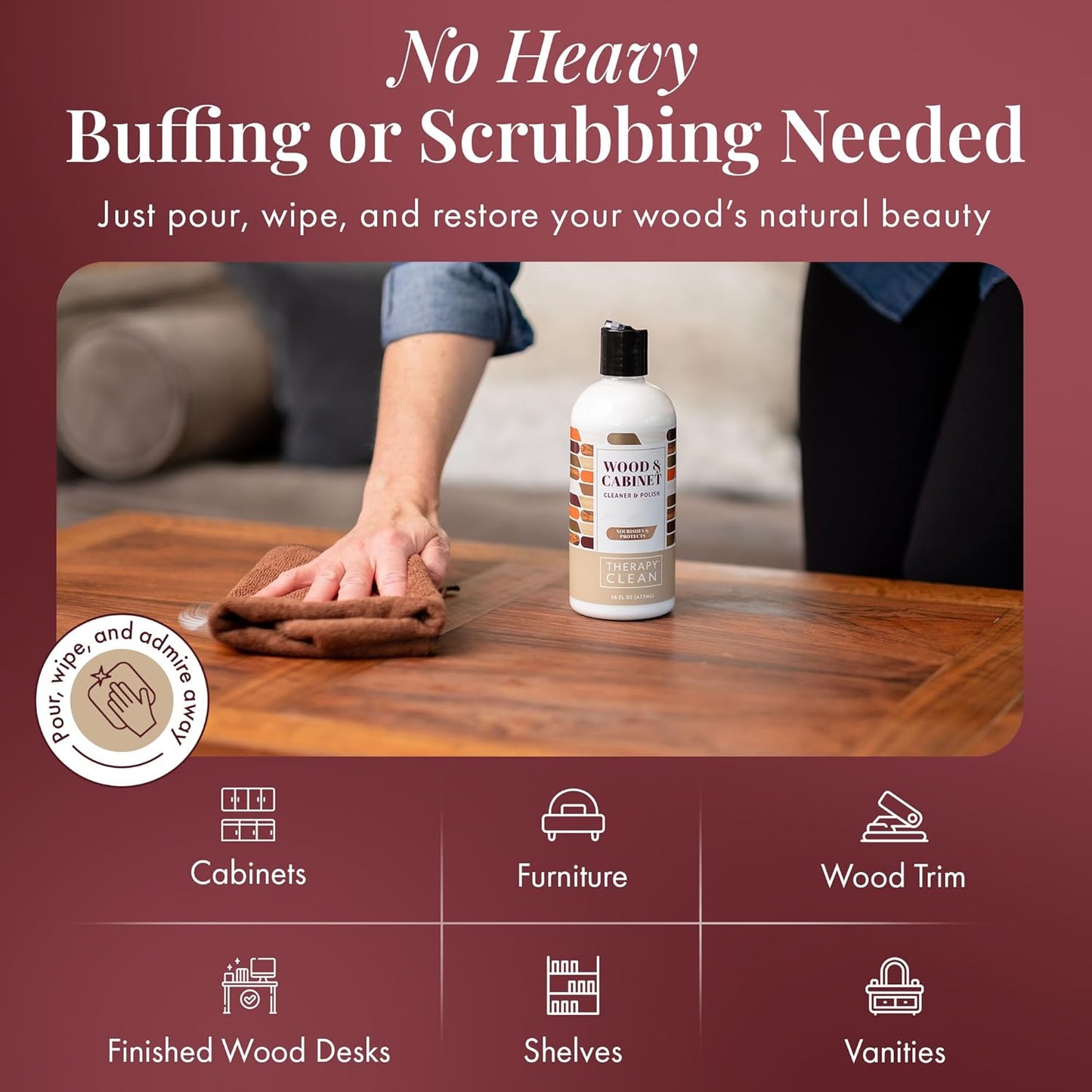Therapy Wood Cleaner and Furniture Polish 16 oz. (2 Pack) - Wood Cabinet and Table Cleaner - Conditioner - Almond Scent