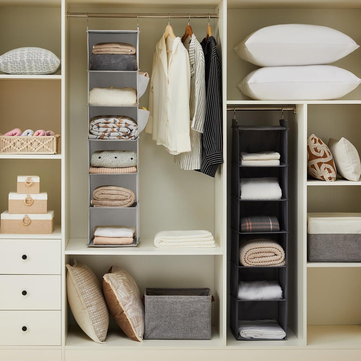 YOUDENOVA Hanging Closet Organizer and Storage, 6-Shelf Closet Hanging Shelves | Sturdy Bamboo Structure Cloth Hanging Storage, Sweater Organizer, 11.8” x 11.8” x 47.2”, Light Grey