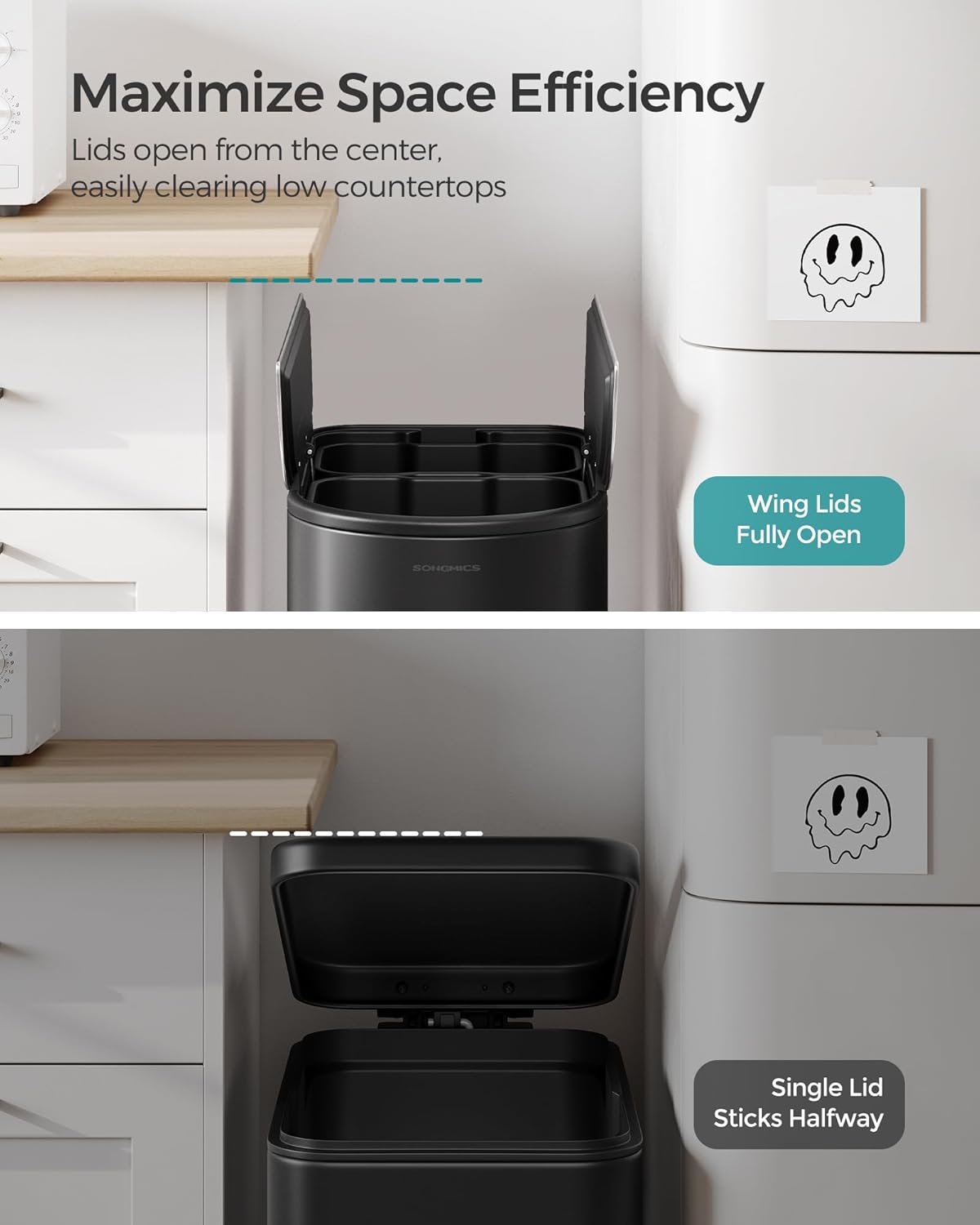 SONGMICS 13-Gallon Dual Kitchen Trash Can, 5.3 and 8 Gallon Compartments, Garbage Can with Wing Lids, Stainless Steel, Soft Close, Inner Buckets, Ink Black and Metallic Silver ULTB570B50