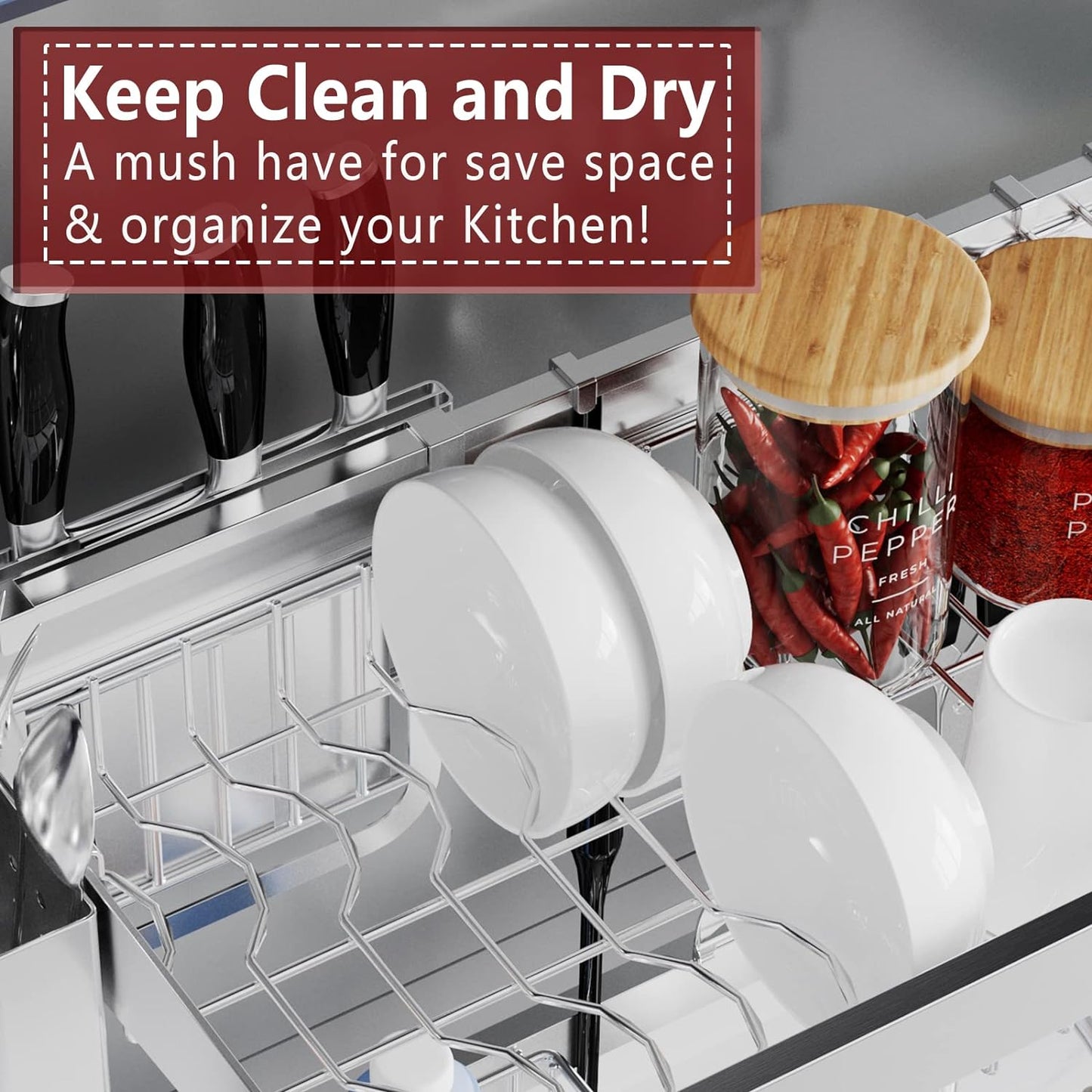 VNKZI Over Sink Dish Drying Rack, 2 Tier Full Stainless Steel Storage Adjustable Length (25.98'' to 36.61'') Kitchen Rack, Multifunctional Expandable Counter Organizer, Space Saver Dish Rack