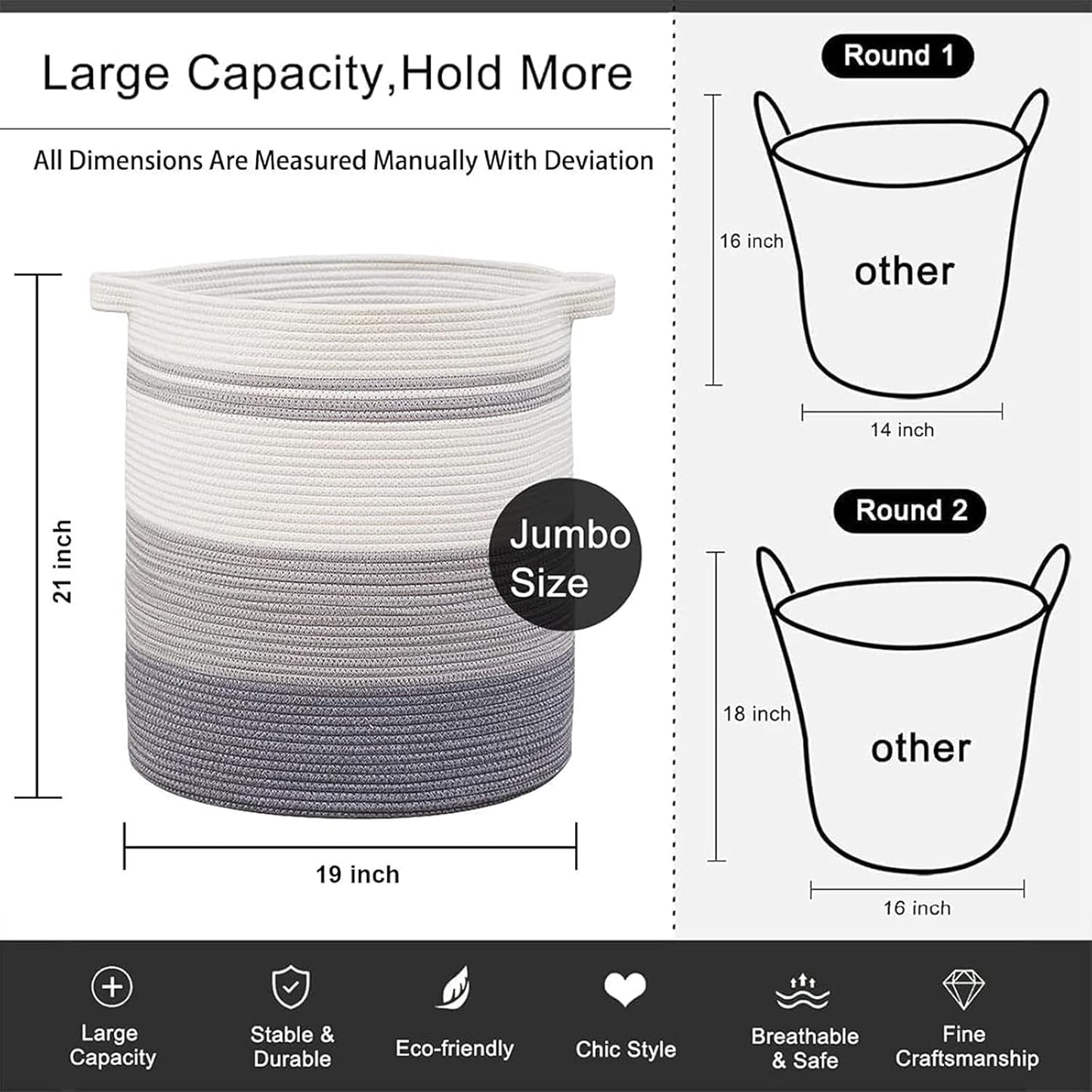 OIAHOMY 100L Laundry Hamper - Storage Basket with Handles, Decorative Woven Basket for Living Room, Toys Bin, Pillows, Blankets, Clothes - 19x21in - Gradient Gray