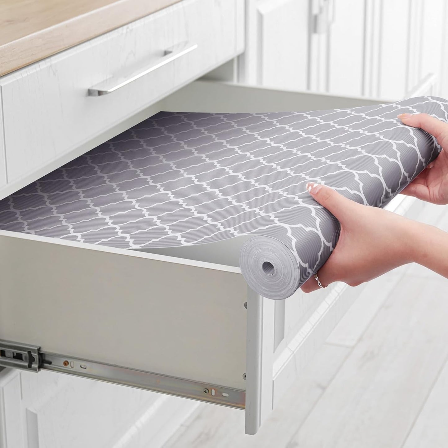 Glotoch Shelf Liners for Kitchen Cabinets 17.5x360 Inch Non Adhesive Drawer Liners for Kitchen,Non Slip Shelf Liner Waterproof Contact Paper for Cabinets and Drawers, Pantry, EVA Wire Shelf Liner,Gray