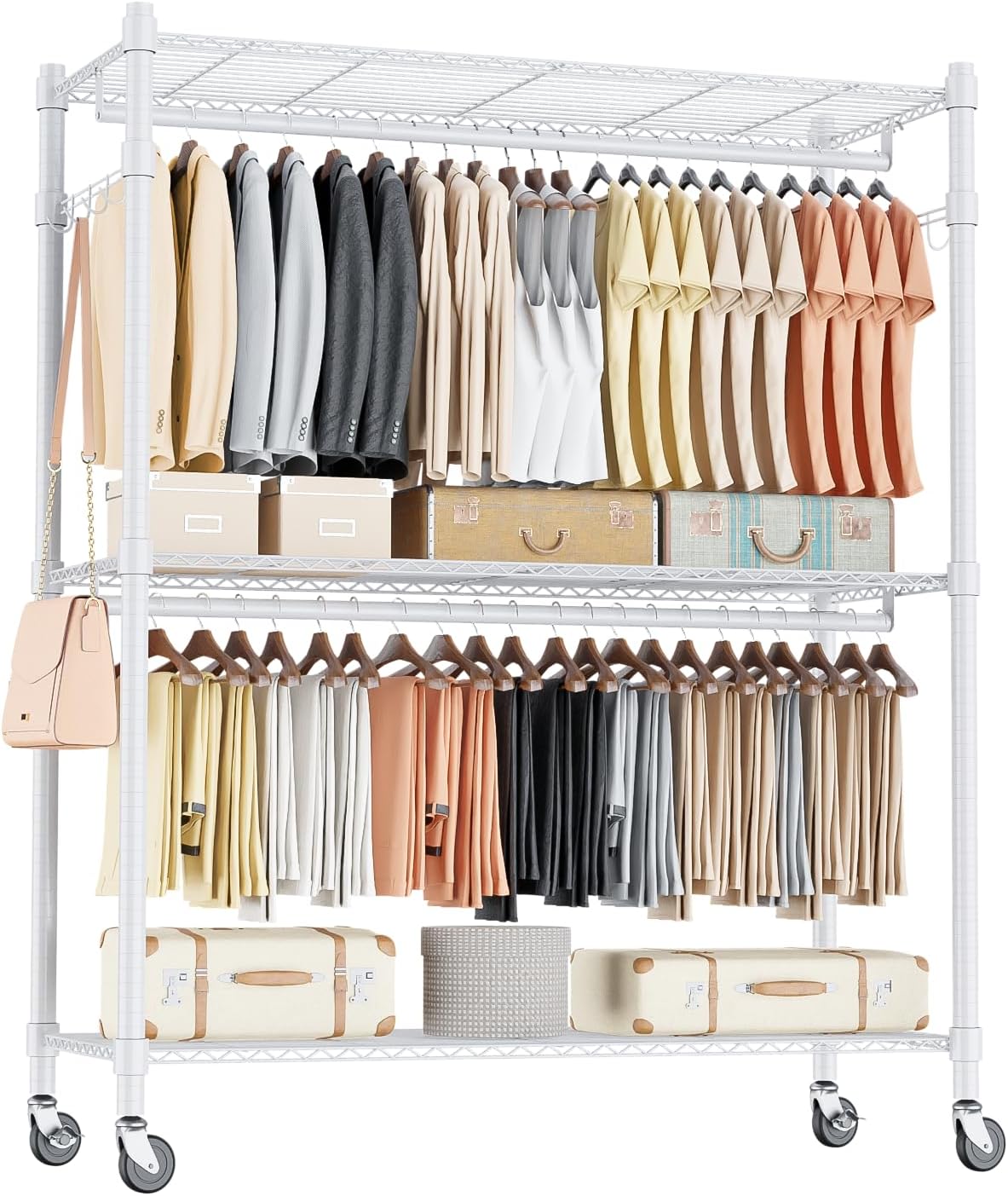 Homdox 3 Tier Garment Rack with Wheels, Portable Closets for Hanging Clothes Heavy Duty, Closet Racks and Shelving with Double Hanger Rods & Side Hooks, White
