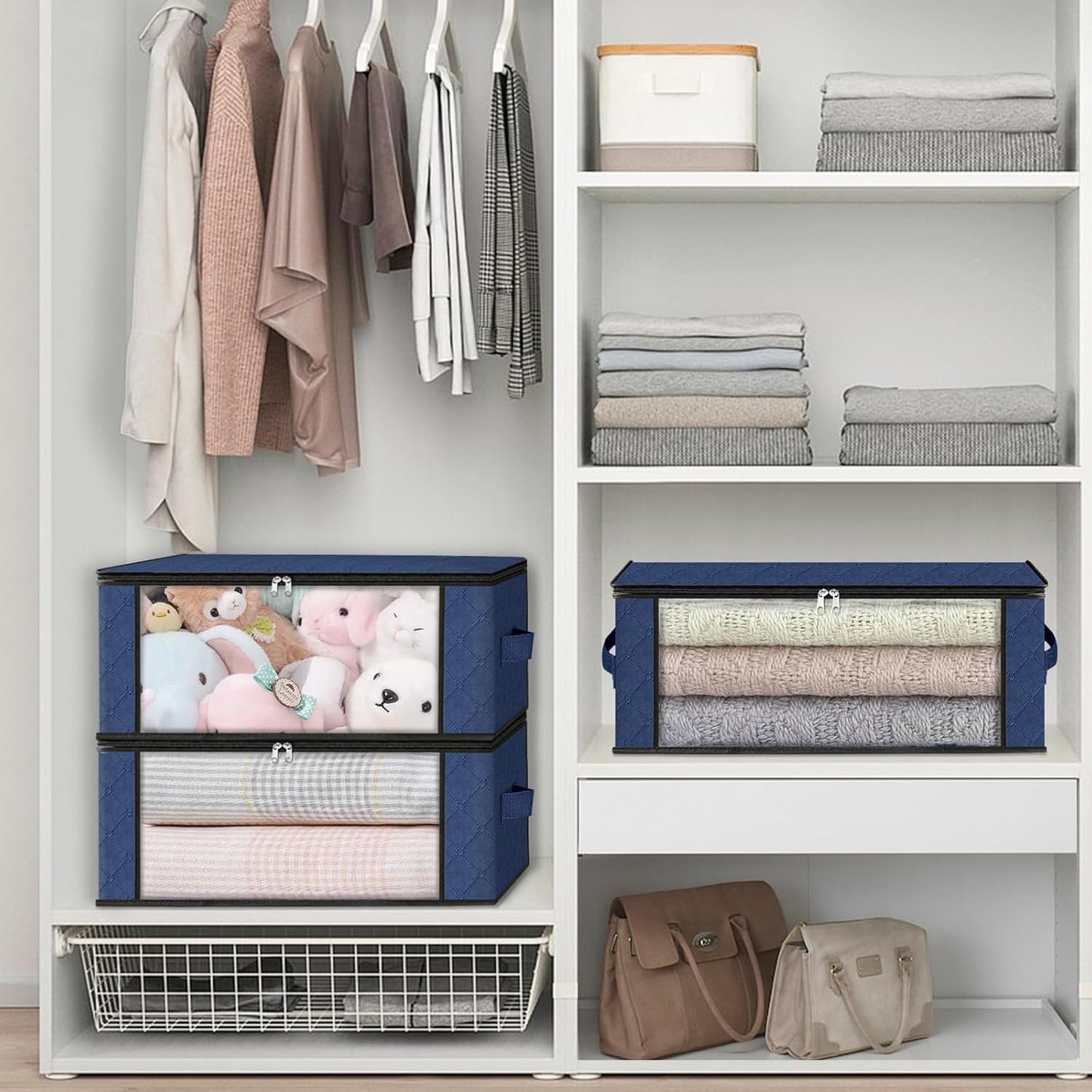 HomeHacks Storage 4-Pack Clothes Organizer Storage Bags Foldable Storage Box with Large Clear Window Sturdy Handles for Closet, Dorm, Pillows, Bedding, Clothes, Blankets, 35L, Blue