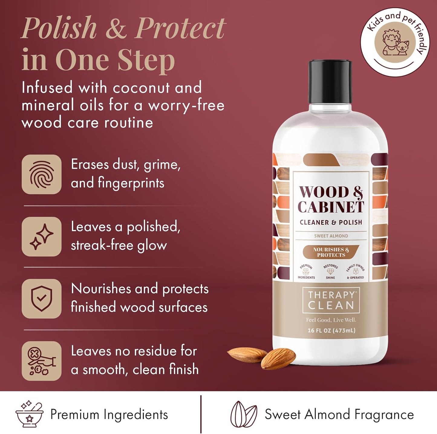 Therapy Wood Cleaner & Polish 16 oz. (2-Pack with Microfiber Cloth) - Wood Cabinet and Table Cleaner - Conditioner - Almond Scent