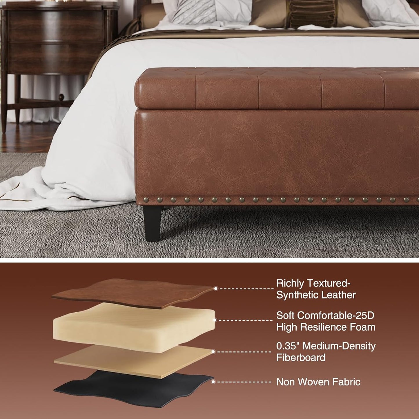 Storage Ottoman Bench, 51-Inch Large Storage Bench for Bedroom End of Bed, 30 Gallons Faux Leather Bench for Bedroom, Living Room, Entryway, Hallway, Brown
