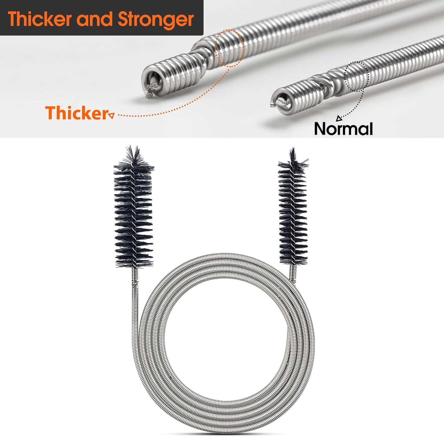 Extra-Thick Drain Brush with Stronger Spring - 67-Inch Flexible Pipe Cleaning Tool - Dual Bristle Heads - Ideal for Curved Pipes and Slim Holes – Black