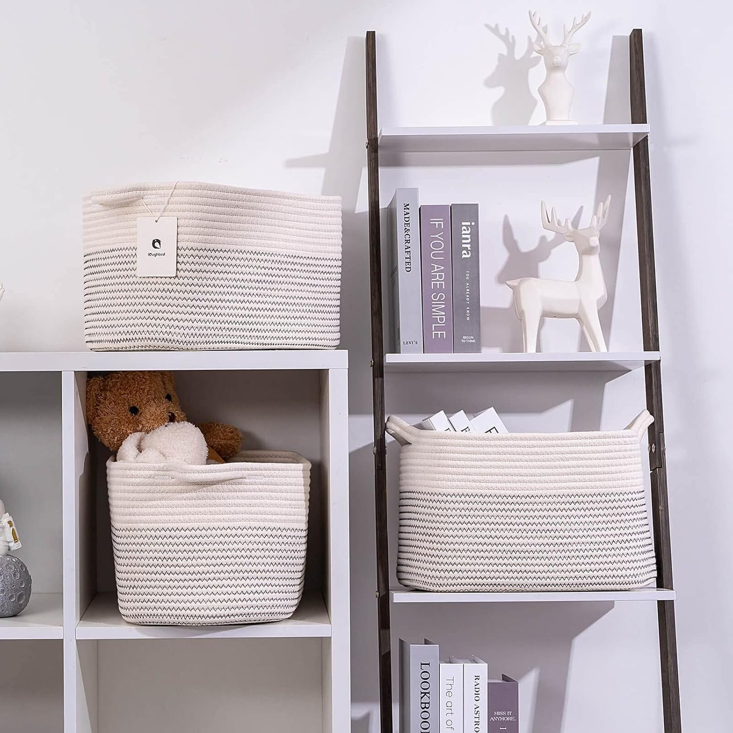 Medium and Large Woven Basket//With Handle, Used for Toys and Fabric Storage Basket used for Storing xl Storage Box, Decorative Storage Box Room 2pack (14L*10W*8.6H White/Black Line, 14Lx10Wx8.6H)