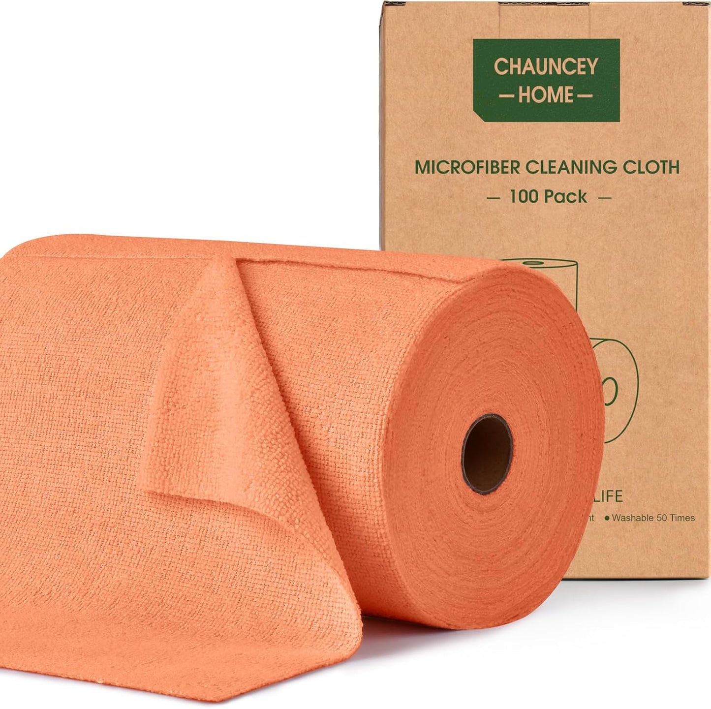 Roll of Microfiber Cleaning Cloth –100 Pack, Tear Away Microfiber Towels, Reusable, Washable, Scratch-Free, Cleaning Supplies,Kitchen Towels for Car, Home, Kitchen, Dishes(Honey Orange)