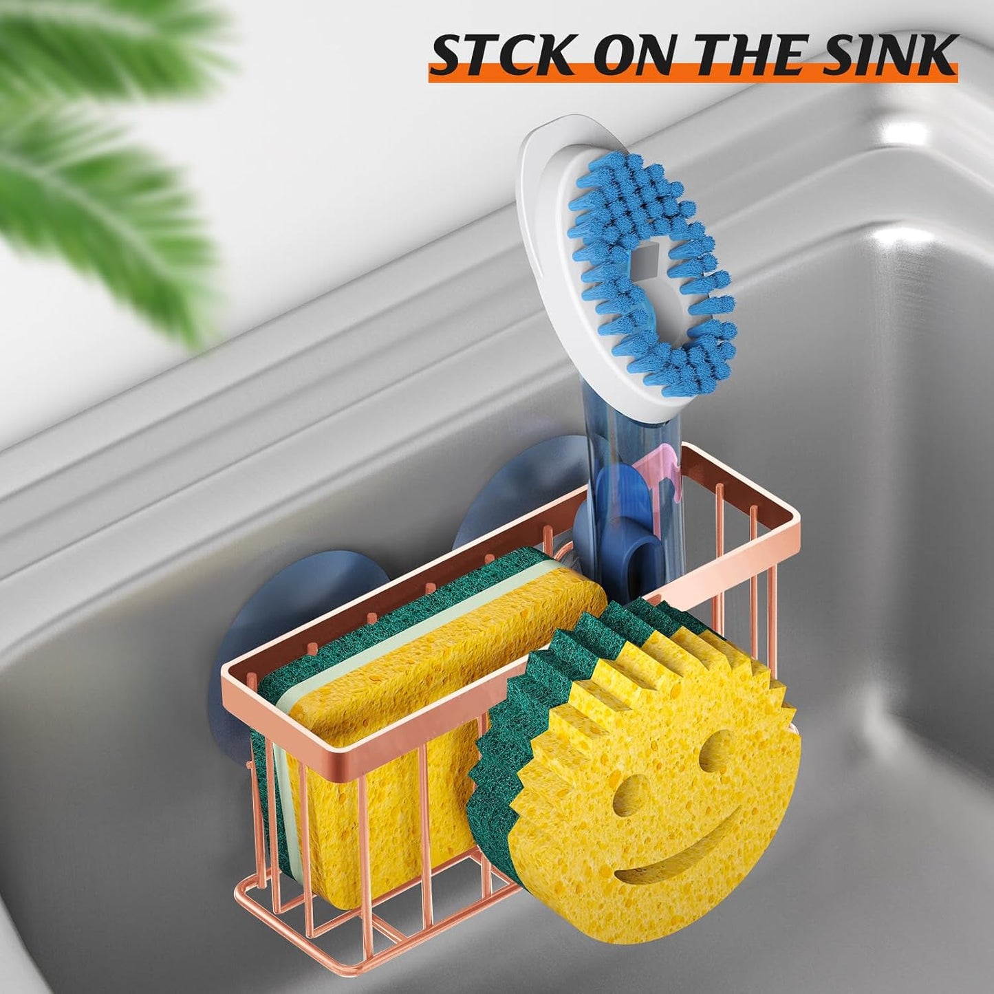 Sponge Holder Smiley Face,Sink Caddy for Kitchen Sink,Sponge Holder with 2 PCS Suction Cups/1 PCS Adhesive Strips,Designed for Sponge,Soap,Dish Brush,Scrubber-Rose Gold