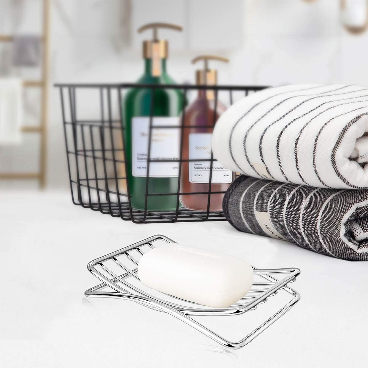 Soap Dish Stainless Steel Bar Soap Holder for Shower Bathroom, Self-draining Soap Dishes Sponge Holder for Kitchen Sink Easy Cleaning Quick Dry with Beige Soap Saver